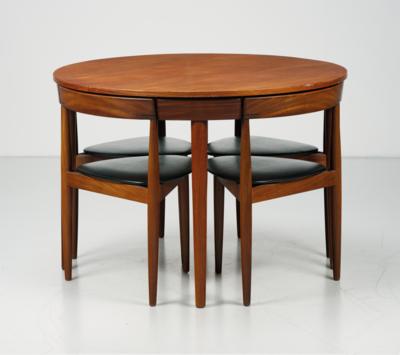 A suite of furniture: extensible table with four chairs, designed by Hans Olsen - Design