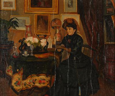 Künstler 1. Drittel 20. Jh. "Dame in einem Salon" Öl auf Holzplatte, - Antiques and art