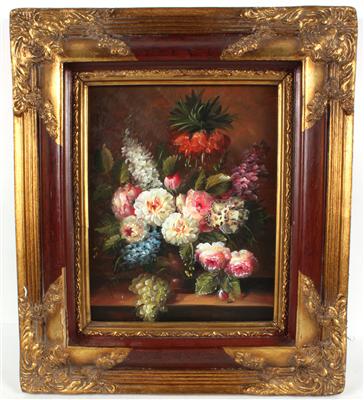 Künstler Ende 20. Jh. Stilleben mit Blumen und Trauben, - Antiques and art