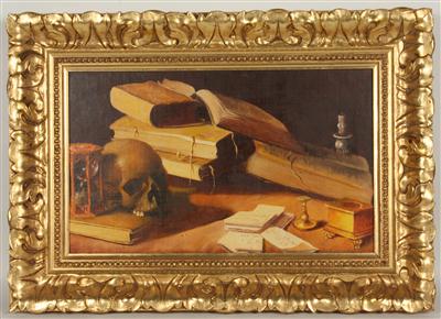 Künstler 20. Jh. Stilleben mit Bücher Totenkopf und Sanduhr, - Antiques and art
