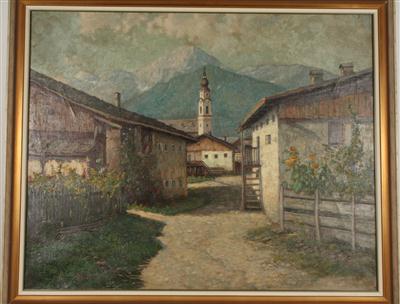 Künstler Anfang 20. Jh. Dorfansicht mit Bauernhäusern und einer Kirche, - Kunst, Antiquitäten und Möbel