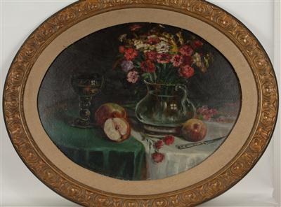 Künstler um 1900 Stilleben mit Obst Blumen und Weinglas, - Arte e antiquariato