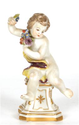 Putto mit Blumenstrauss auf Postament sitzend, - Antiques and art