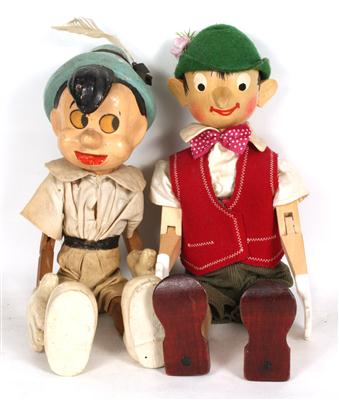 2 Holzgliederpuppen "Pinocchio" bekleidet, - Kunst, Antiquitäten und Möbel