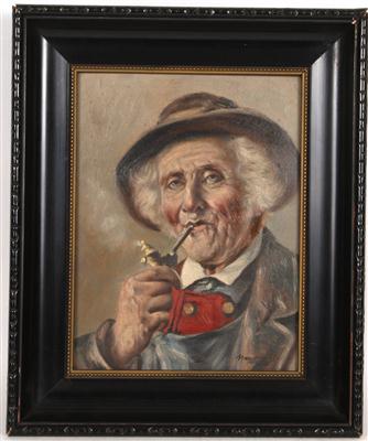 Künstler Anfang 20. Jh. Herr mit Hut und Tabakspfeife Öl auf Karton, - Antiques and art