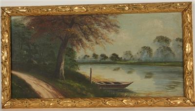 Künstler 1. Hälfte 20. Jh. Landschaft mit Teich und Ruderboot, - Antiques and art