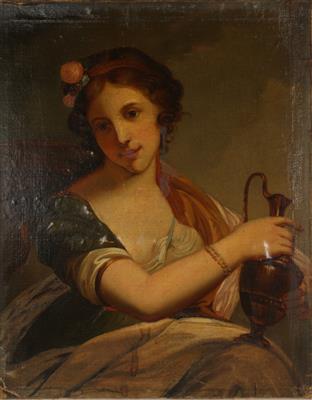 Künstler um 1900 Dame mit Henkelkrug Öl auf Leinen, - Antiques and art