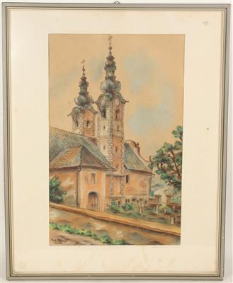 Künstler Mitte 20. Jh. Ansicht der Wahlfahrtskirche Maria Rain in Kärnten, - Arte e antiquariato