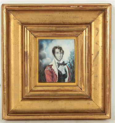 Künstler 1. Hälfte 19. Jh. Elegant gekleideter Herr in einer Landschaft mit Wolkenhintergrund, - Christmas auction - Art and Antiques