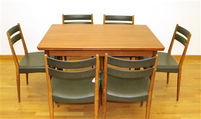 Essgruppe in Teak: Satz von sechs Stühlen, - Design