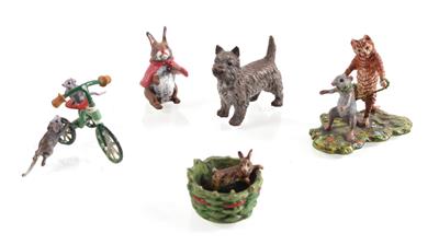 1 Hund, Mäuse mit Fahrrad, Katze und Maus und Hase mit kleinem in Korb - Arte e antiquariato