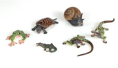 6 Tierfiguren, "3 Echsen", "1 Schldkröte", " 1 Frosch ", "1 Schnecke" - Umění a starožitnosti