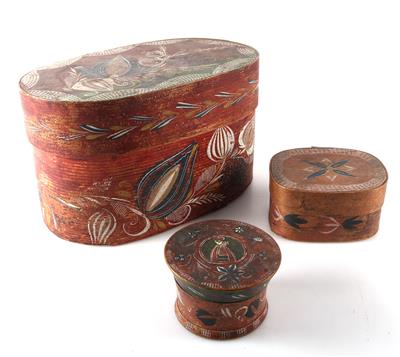 Konvolut aus 3 versch. volkstümlichen Holzbehältnissen aus der 1. Hälfte des 19. Jh. - Antiques and art