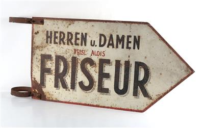 Außenschild eines Friseurgeschäftes - Kunst, Antiquitäten, Möbel und Technik