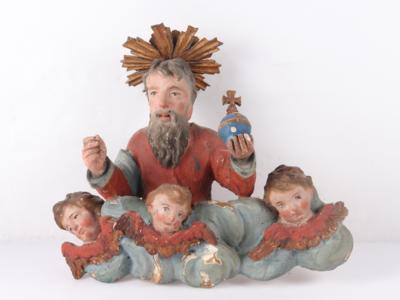Sakrale Skulptur "Gottvater mit der Weltenkugel über Wolkenband mit 3 Engelsköpfen" - Art, antiques, furniture and technology
