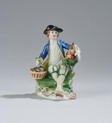 Sitzender junger Mann mit Blumenkorb und Hahn, - Kunst, Antiquitäten, Möbel und Technik