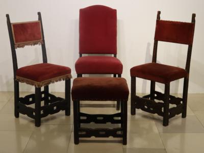 3 variierende, provinzielle Barocksessel mit einem Hocker - Art, antiques, furniture and technology