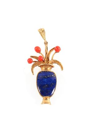 (Beh.) Lapis Lazuli/Korallen Anhänger "Amphore mit Blumen" - Jewellery and watches