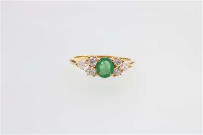 Brillant Smaragd Damenring zus. ca. 1,05 ct - Jewellery and watches