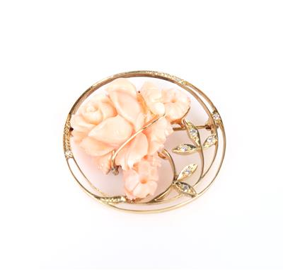 Diamant Brosche Koralle "Rosenblüten" - Schmuck und Uhren
