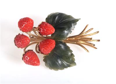 Korallen Nephrit Brosche "Erdbeeren" - Schmuck und Uhren