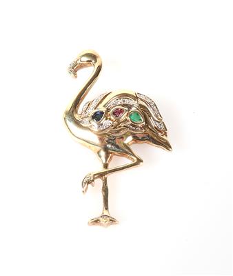 Farbstein Brillant Brosche "Flamingo" - Jewellery