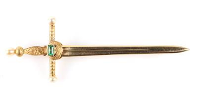 Smaragd Kulturperlen Brosche "Schwert" - Gioielli e orologi