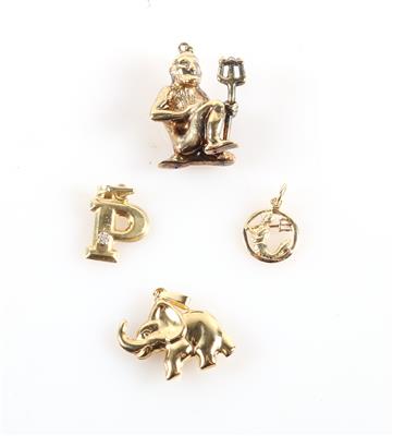 2 Sternzeichenanhänger "Wassermann"/1 Anhänger "Elefant", 1 Anhänger "P" - Jewellery and watches