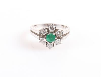 Brillant Smaragd Damenring zus. ca. 0,65 ct "Blume" - Jewellery and watches
