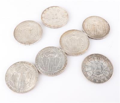 7 Silbermünzen ATS 25,"Wiedereröffnung des Bundestheater" - Gioielli e orologi