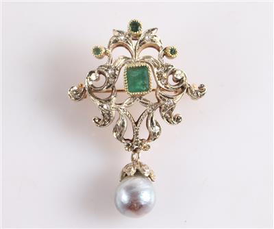 Smaragd Diamant Brosche mit Kultuperle - Gioielli e orologi