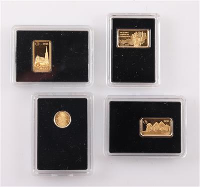 3 Goldmünzen, 1 Medaille (4) tlw. in Barrenform - Klenoty a Hodinky