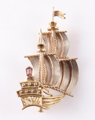 Außergewöhnliche Brillant Rubin Brosche "Segelschiff" - Schmuck und Uhren