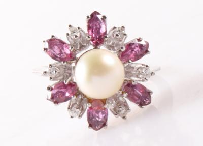 Rubin Diamant Damenring mit Kulturperle - Schmuck und Uhren