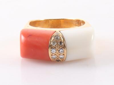 Diamant Damenring mit Koralle und Schmuckstein - Schmuck und Uhren