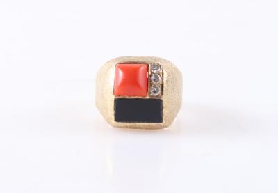 Brillant Onyx/Korallen Ring - Klenoty a Hodinky