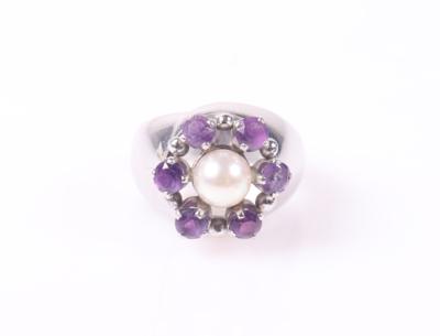 Amethyst Kulturperlen Damenring "Blume" - Schmuck und Uhren