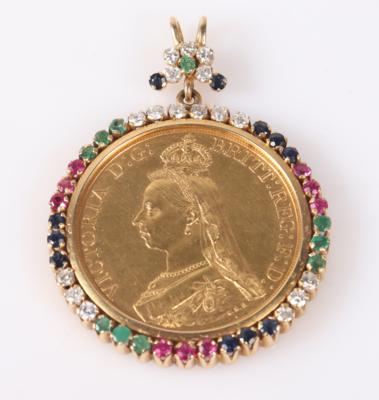 Brillant Farbstein Münzanhänger "5 Pfund" Königin Victoria - England 1887 - Jewellery and watches