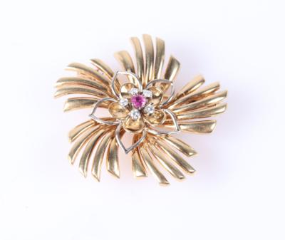 Brillant Rubin Brosche "Blume" - Jewellery and watches