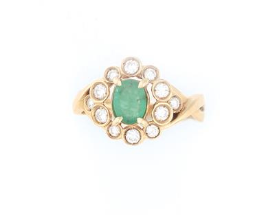 Brillant Smaragd Damenring zus. ca. 0,90 ct - Jewellery and watches