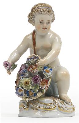 Kniendes Mädchen hält Blumenkorb und Rose in den Händen, - Antiquariato e Dipinti