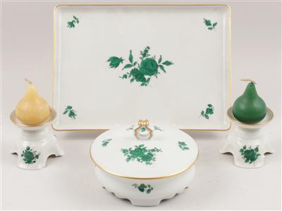 1 Bonbondose, 2 Kerzenständer 1 Platte, - Antiquitäten & Bilder<br> (Schwerpunkt: Aquarelle des 19. Jahrhunderts)