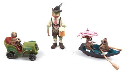 Mopspaar im Boot, Mops im Auto, Frosch in Tracht mit 1 Maß Bier, - Starožitnosti, Obrazy