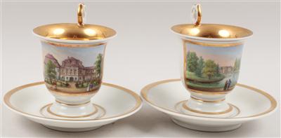 Paar Tassen mit Ansichten und Untertasse, - Antiques and Paintings