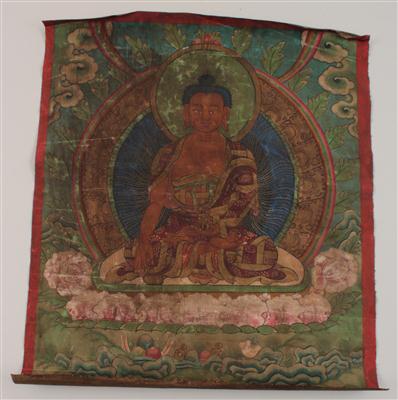 Nepal, Tibet: Ein Thangka-Rollbild mit sitzendem Buddha. - Summer-auction