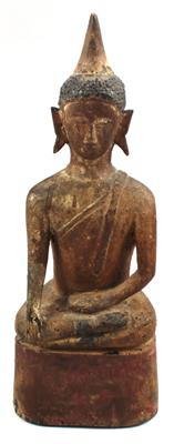 Laos: Buddha aus Holz, in der Geste der Erdberührung sitzend. - Asta estiva