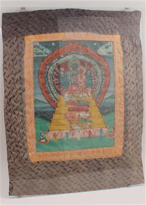 Nepal: Ein sakrales Roll-Bild'Thangka': Gott Shiva und seine Gemahlin Parvati. - Letní aukce