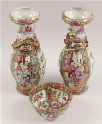 1 Paar Famille Rose-Vasen, 1 Schale, - Antiquariato e Dipinti
