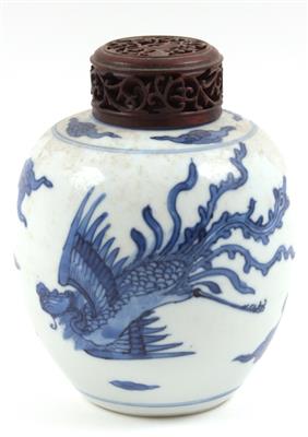 Blau-weiße Vase mit Holzdeckel, - Antiques and Paintings