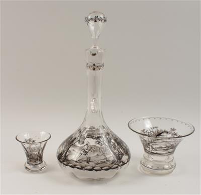 Flakon mit Stöpsel, 6 Gläser und 1 Vase, - Antiques and Paintings